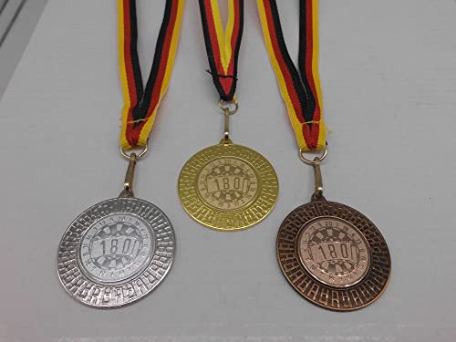 Fanshop Lünen Dart 3 Stück Medaillen aus Stahl 40 mm - Gold, Silber, Bronze - Medaillenset - Darts 180 - mit Emblem 25mm - Gold, Silber, Bronce - Medaillen-Band - Turnier - (9285)