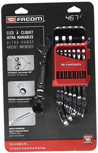FACOM 467BF.JP12 Jeu de Clé mixtes à cliquet articulée métriques sur étui portatif, Argent, Set de 12 Pièces
