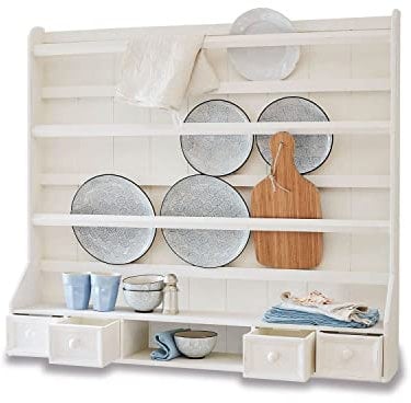 Loberon Regal Lavia, mit Vier Schubladen, schönes Antik-Finish, klassischer Landhaus-Stil, Wandregal, Küchenregal, Aufbewahrung, MDF, antikweiß