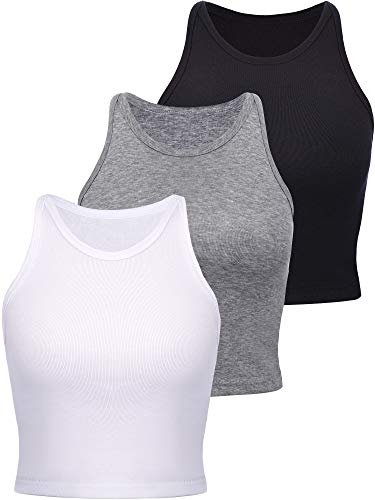 Boao Damen Baumwolle Kurz Sport Crop Tank Top (Schwarz, Weiß, Hellgrau, L)