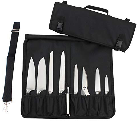 Tosnail Messertasche mit 15 Fächern, Kochmesser Rolltasche, Messerkoffer mit Tragegriff und Schultergurt - Schwarz Messer-Rolltasche für Camping Wandern
