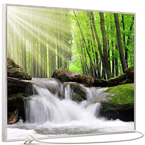 STEINFELD Bild Infrarotheizung mit Thermostat | Made in Germany | viele Motive 350-1200 Watt Rahmen silber (500W, 065 Wasserfall Wald)