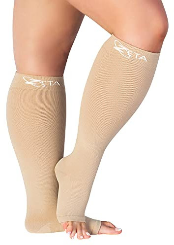 Zeta Wear Kompressionsstrümpfe Dicke Waden, Damen, Beruhigende Bequeme enunterstützung, Verhindert Schwellungen, Schmerzen, Ödeme, DVT, Große Manschetten, Den mit Offener Spitze, Beige, 3XL