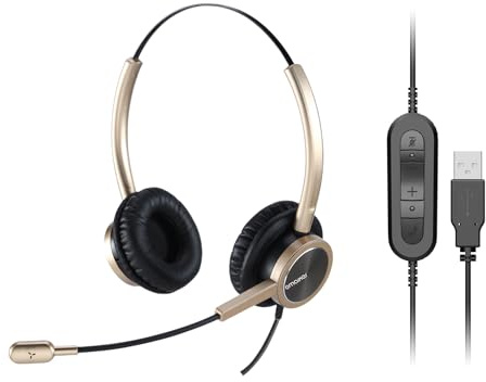 EMAIKER Gold USB Headset with Noise Cancelling Microphone for Work, Lightweight PC Headset with Mic for Office WFH for Laptop,Works for Teams Zoom Conference Call, Zoiper,Webex,Webinar & Dictation