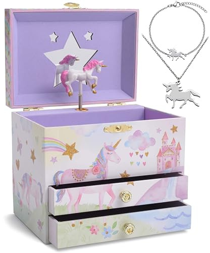 Jewelkeeper Party Unicorn Musical Jewelry Box for Little Girls - Kids Jewelry Storage with 3 Pullout Drawers - Music Jewellery Case with Necklace and Bracelet - Beautiful Dreamer Tune