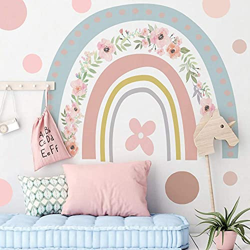 funlife 57x70cm Großer Regenbogen Wandtattoo mit Blumen, selbstklebend Wandsticker Regenbogen groß bunte Boho Wandtattoos für Kinder Mädchen Kinderzimmer Babyzimmer, wasserdicht Wandbild