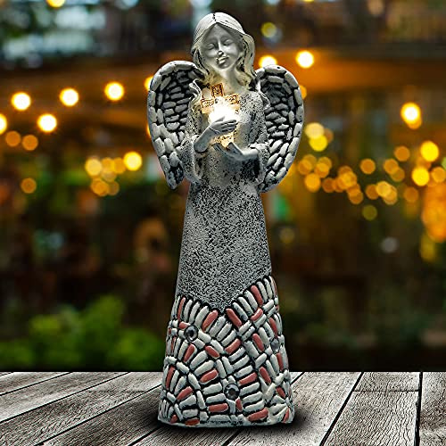 Yiosax Angel Garden Statues Outdoor Solar Decor Gifts for Women Cross Praying for Cemetery Backyard Lawn Yard Decoration(10.24inch)