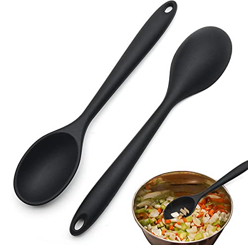 2 PCS Silicone Spoons, Heat Resistant Cooking Spoons Nonstick Kitchen Spoon for Cooking Utensils Stirring Scooping Mixing, Food Grade Serving Soup Spoon (Black)