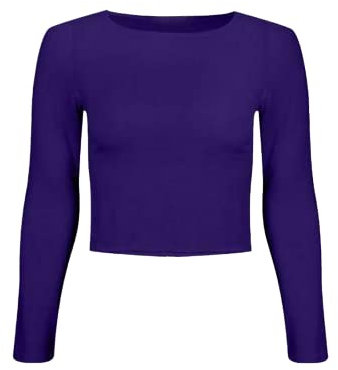 STAR FASHION Women’s Long Sleeve Crop Top Ladies Round Neck Cropped T-Shirt Short Mini Shirt Plain Printed Tops Purple-12-14