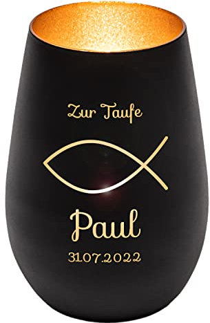 Windlicht mit Gravur zur Taufe | Schwarz/Gold | Motiv Fisch | Geschenk zur Taufe Junge Mädchen | Tischdeko und Taufgeschenk personalisiert | Kerzenhalter | Teelichtglas | Teelichthalter
