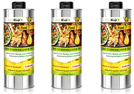 CatCup BIO Speise-, Brat- & Salatöl High Oleic STANDARD - Hoch erhitzbares Sonnenblumenöl - Neutrales Frittieröl & Bratöl - Premium Öl für Heißluftfritteuse & Pfanne - Pflanzliches Speiseöl (3L)