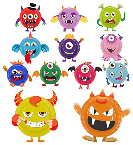 LOOPES 12tlg Papier Platte Bastelset Monster Basteln Kinder Halloween Bastelsets DIY Kreatives Teller Kunsthandwerk für 3 4 5 6 7 8 Jahre Mädchen Junge Kindergeburtstag Geburtstag Herbst Halloweendeko