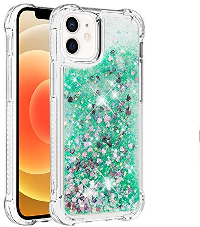 KBIKO-zxl Compatible with iPhone 12 Mini Case Clear Liquid Glitter Soft TPU Bumper Cover Shockproof Transparent Girly Woman Protective Phone Case for iPhone 12 Mini.Green YBL