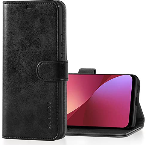 Mulbess Hülle für Xiaomi 12 Pro 5G Handyhülle, Flipcase mit Stand Funktion, TPU Stoßfeste, Etui Karten Schutzhülle, Vintage Schwarz