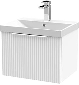 Hudson Reed DFF191D Fluted Modern Bathroom Wall Hung 1 Drawer Vanity Basin Unit with Thin-Edge Ceramic Basin, 500mm, Satin White