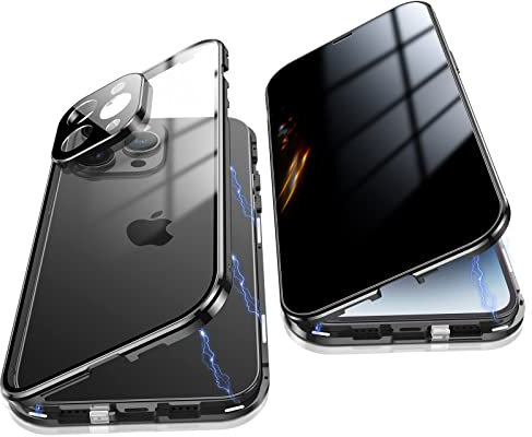 Jonwelsy Anti Peeping Hülle für iPhone 14 Pro Max, 360 Grad Schutz Case, Privatsphäre Gehärtetes Glas Anti-Spähen Cover, Stark Magnetische Adsorption Metallrahmen Handyhülle für 14 Pro Max (Schwarz)