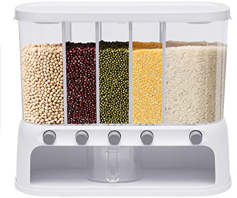 Distributeur de riz avec compartiment à céréales - 5 grilles - Distributeur alimentaire - Organisateur de cuisine - Distributeur de nourriture sèche avec couvercle - Convient pour les haricots de riz