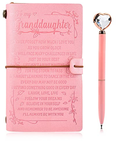 to My Granddaughter's Gift, Pink Leather Journal+Heart Diamond Pen Set, Refillable Notepads, Personalised Diary Notebook for Girls, Christmas Birthday Gifts for Granddaughter