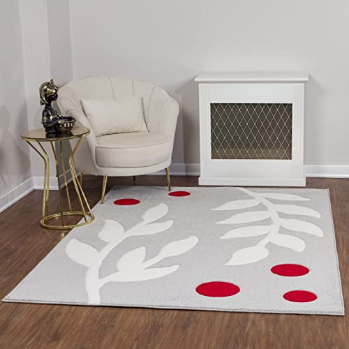 Livabliss Dijon Wohnzimmer Teppich Modern - Abstrakt Design in Marmor Optik 120x170 cm für Wohnzimmer, Esszimmer, Schlafzimmer - Groß, Weich, Kurzflor in Hellgrau, Rot und Weiß