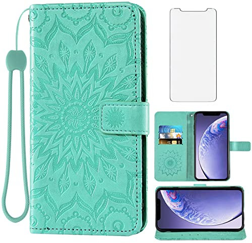 Phone Case for iPhone 11 6.1 Wallet Cases with Tempered Glass Screen Protector and Leather Flip Cover Card Holder Stand Cell Accessories iphone11case iPhone11 i Phone11 XI 11R Women Men Green