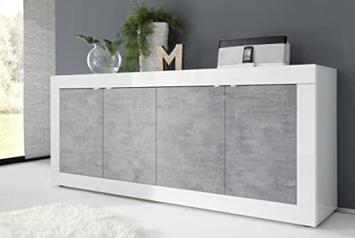 Buffet Ciment 4 portes en laqué blanc mat et béton