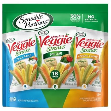 Sensible Portions Veggie Straws Multipack, Sea Salt, Zesty Ranch and Cheddar Cheese Flavour, Gluten Free Chips, Single Snacks, 7.8oz Bag, 18 Count