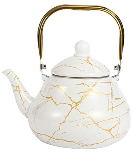 OFFSCH Bollitore in smalto per esterni, teiera smaltata, teiera per acqua, teiera, riscaldata, teiera, bollitore per caffe, manico teiera, vecchio stile, acciaio inossidabile, bianco, piccola ceramica