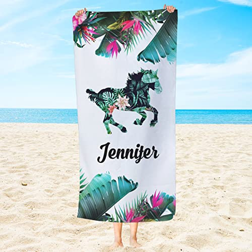 MYSLC Personalisiertes Strandtuch mit Namen Benutzerdefinierte Strandtücher Pferd Palmblätter Blumen Badetuch Personalisiert Handtücher, Schnelles Trocknen Strandmatte für Strand Urlaub Reise