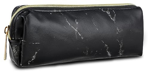Amaxiu Marble Leather Pen Case, Portable Pencil Bag Slim Stationery Bag Small Pencil Pouch Simple Zipper Cosmetic Bag for Women Men Teachers(Black)