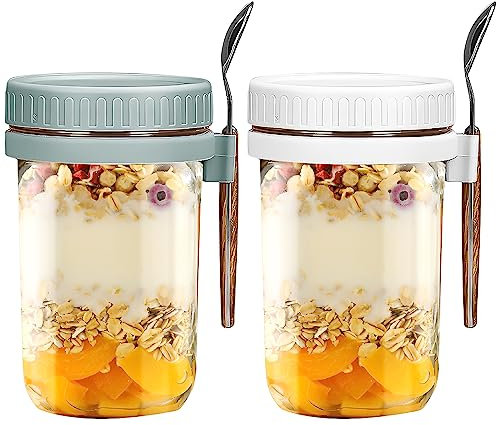 2er Set Overnight Oats Container Glas Müslibecher to go mit Löffel 600 ml Joghurtbecher to go Becher Mit Deckle Müsli Luftdicht Behälter für Jogurt Müsli Mepal Porridge Milch Früchte