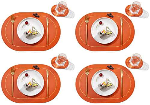 4 sets de table et 4 sous-verres, ensemble ovale de sets de table et sous-verres, sets de table 45 x 30 cm et dessous de verre 14 x 10 cm, cuir recyclé, ensemble de table à manger (couleur : orange,