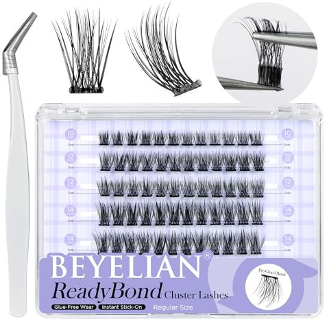 BEYELIAN Cluster Lashes Self Adhesive Eyelashes, 72 Pcs D+ Curl Pre Glued Eyelashes ReadyBond Lashes 10-16mm Mixed DIY Press on Cluster Eyelash Extensions at Home (R06)