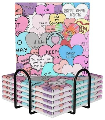 Bunte Herz-bedruckte Keramik-Untersetzer-Set, quadratisch, rutschfest, mit saugfähigem Korkboden und Metallhalter, 6 Stück