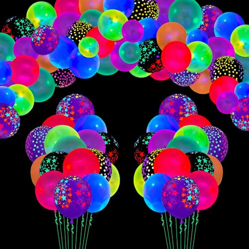 109 Packungen Neon Luftballons Leuchtende Ballons Glow in The Dark Ballons Schwarzlicht Reaktive Polka Dot Latex Luftballons Fluoreszierende Sterne Ballons Neon Party Zubehör Leuchtendes Partyzubehör