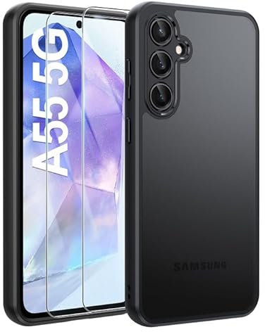 FLLAO Opaca Cover Compatibile con Samsung Galaxy A55 5G con 2 Vetro Temperato, [Della Fotocamera Protezione] Anticaduta Antiurto Anti-Graffio Anti-Impronte Hard PC Glassata Traslucida Custodia Nero