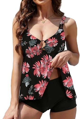 Yutdeng Tankini Donna Due Pezzi Costume da Bagno Estivo Scollo a V Top con Pantaloncini da Bagno Stampa Floreale Swimwear Bikini con Boyshort Doppi Spallacci Costume Mare,Rosa Floreale,XL
