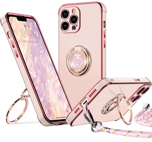 XYZ iPhone 12 Pro Max Case with Stand, Heart Lanyard for Women, Luxury Cute Bling Protective Cover, Pink