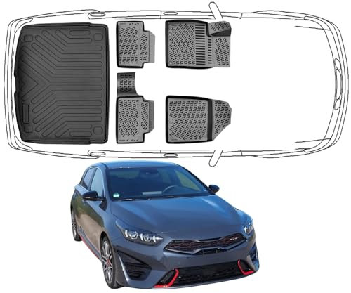 Trimak Passgenau 3D Fussmatten & Obere Kofferraumwanne Auto Set Kompatibel mit Kia Ceed neuem Logo ab 2022 Auto Zubehör Gummimatten & Obere Kofferraumwanne TPE Allwetter Geruchlos rutschfest