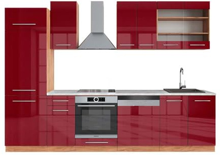 Vicco Küchenzeile Fame-Line, Bordeaux Hochglanz/Goldkraft Eiche, 300 cm, AP Marmor