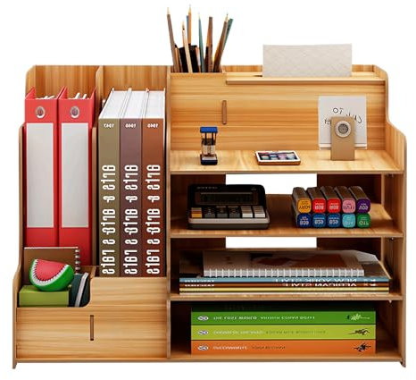 Organisateur de Bureau Bois, Bureau Étagère de Stockage et Porte-Documents, Rangement Bureau Organisateur avec Boîte à Mouchoirs, DIY Compartiment de Rangement en Bois pour la Maison (Couleur bois)