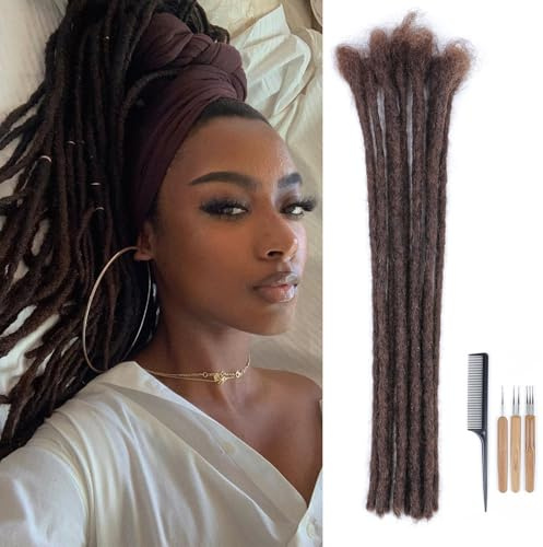 DaiMer 0.6cm Thickness 10 Strands 100% Human Hair Brown Dreadlock Extensions for Man Women Handmade Loc Extensions Can Be Curled 4# 12 Inch