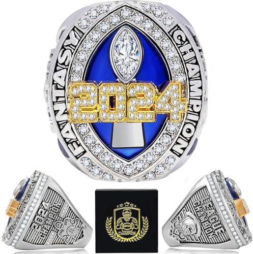 LANGE HOME Fantasy-Fußballring 2024, Fantasy-Fußballmeisterschaftsring mit hochwertiger Geschenkbox, Liga-Champion-Trophäenringe, Premium-Preis für Gewinner, 11-D20.22MM, Metall, Weißer Saphir