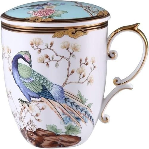 LKSGJSNB Tazas,Regalos de cumpleaños, Café doméstico y Comercial Taza de café Bendición de Cien pájaros Taza de Porcelana China Taza de cerámica con Tapa de Gran Capacidad Luz de Marea nacion