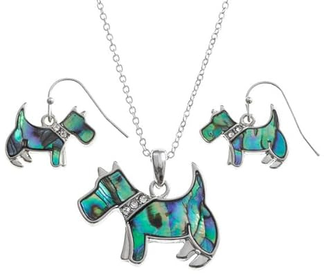 Kilts Wi Hae Tide Jewellery Inlaid Paua Shell Scottie Dog Necklace & Dangly Earring Set