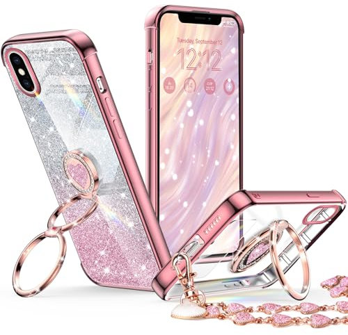XYZ for iPhone X Case,iPhone Xs Case with Stand, Phone Case with Double Ring Kickstand, Women Girls Bling Luxury Glitter Clear Phone Case Cover Heart for iPhone X/XS(5.8 inch), Rose Gold