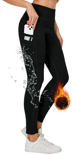 H.MILES Thermo Sport Leggings Damen Winter Wasserdicht Fleece Gefüttert Leggins Hohe Taille Blickdicht Sportleggings Laufhose mit Taschen Schwarz M