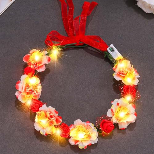 Zoestar Leuchtender Blumenkronen-Stirnband, LED-Kranz, Stirnbänder, Brautschmuck, Blumen-Kopfschmuck, Festival-Girlande, Kopfschmuck, Haarschmuck für Damen, Rot, Einheitsgröße