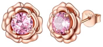 FOCALOOK Orecchini rosa da donna in verme con tormalina simulata, pulci orecchini decorati con pietra di nascita di ottobre, Argento sterling Oro rosa