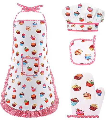 CutitiUU Juego de delantal de algodón y sombrero de chef para niños,4 Delantal de cocina para niños de poliéster para hornear sombrero,Mini delantal de pastel de cocina de simulación