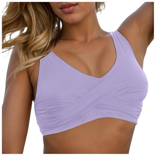 Damen Bikini Oberteil Große Brüste Push Up Bikini Top Ausschnitt Wickeloptik Sport Bra Badeanzug Top Rückenfrei Swimsuit Bra Bralette Breite Träger Bikini Top (Purple-1, M)
